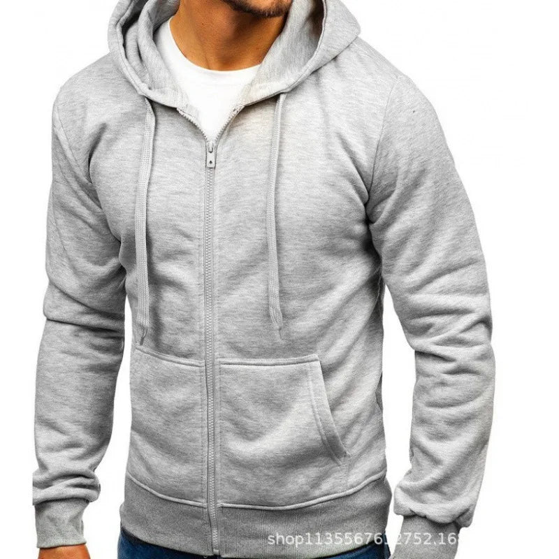 Men's Solid Color Hooded Hoodie Zip Up Cardigan Sweatshirt Casual Streetwear Tracksuit for Spring Autumn Male - ATFH