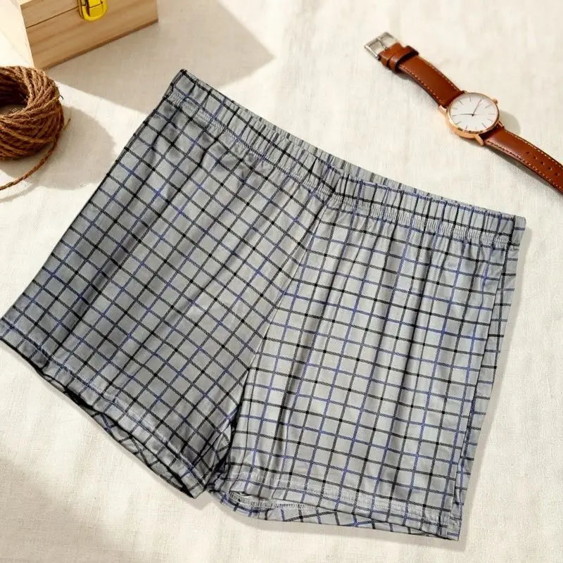 Men's Plus Size Milk Silk Plaid Aro Pants Loose High Waist Underwear Summer Thin Breathable Home Shorts Soft Pouch Underpants