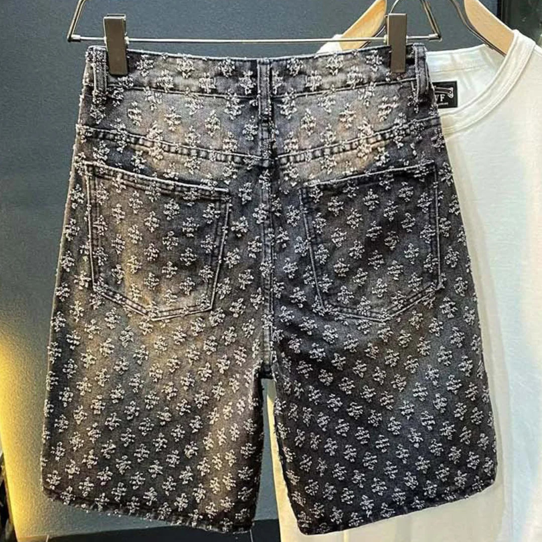 2025 Summer New American men's fashion ripped denim shorts, loose straight-leg casual mid-parted denim shorts ATFH