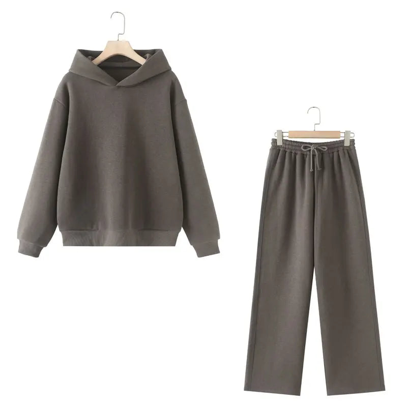 Women Solid Casual Sweatshirt Pant Suit Long Sleeve Hooded Fleece Pullover Coat Loose Straight Trousers Office Lady Sets