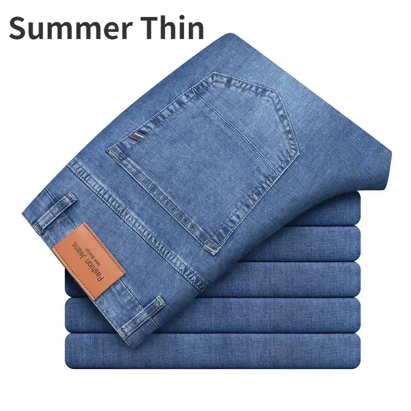 2024 Brand Thin or Thick Material Men's Elastic Cotton Jeans Fashion Gray Comfortable Denim Business Casual High Waist Pants ATFH
